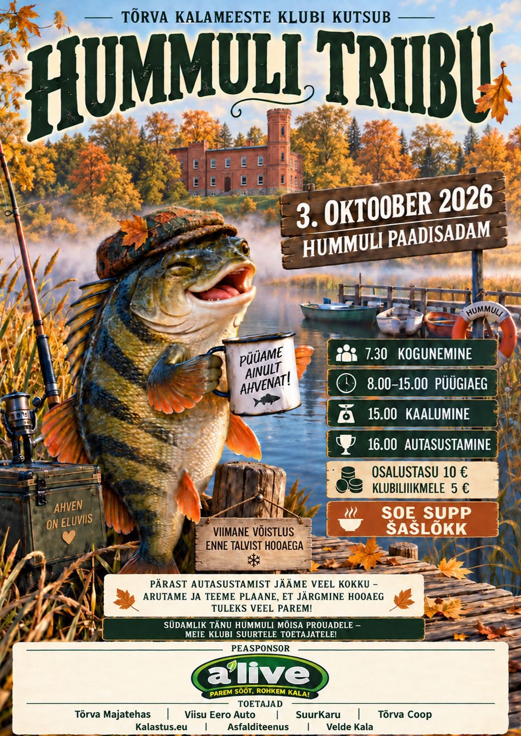 🎣🍂 HUMMULI TRIIBU – HÕMMULI TRIIBU 🍂🎣Tõrva Kalameeste Klubi kutsub! 📅 3. oktoober 2026📍 Hummuli Paadisadam 🎣 PÜÜAME KÕIK KOOS! 🕢 7.30 – Kogunemine🕗 8.00–15.00 –